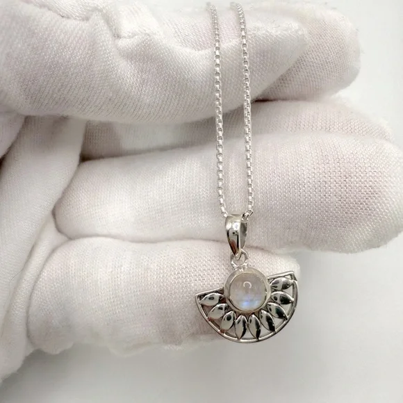 Genuine Rainbow Moonstone .925 Sterling Silver Necklace - Picture 6 of 14